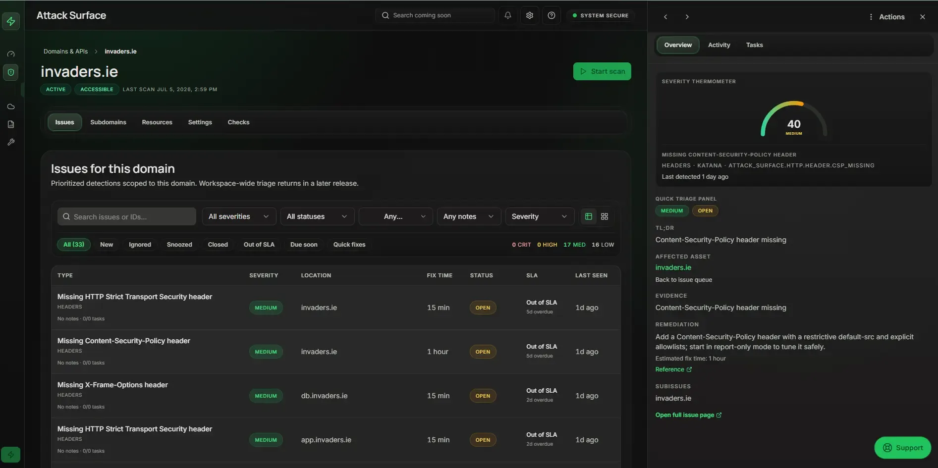 Invaders platform — issue triage with right sidebar detail panel